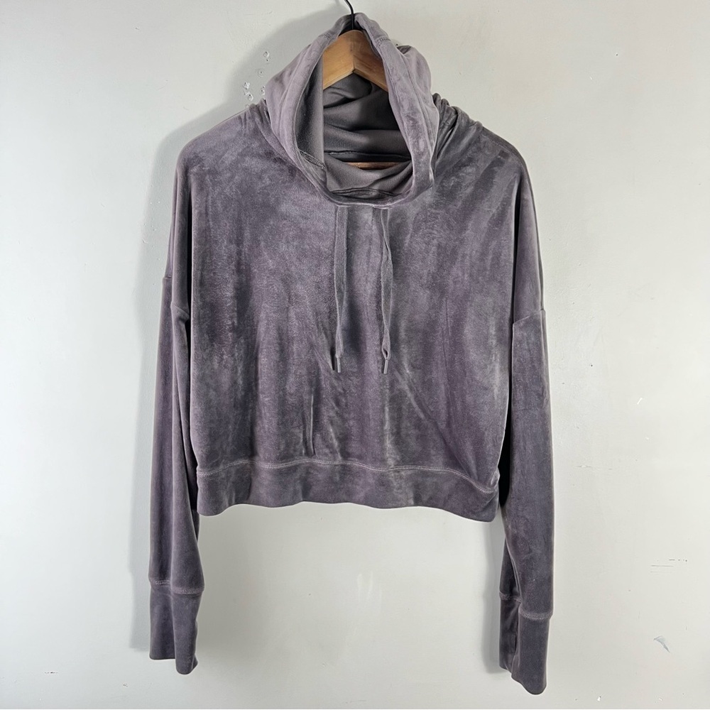 Aerie Offline Velour Essential Cropped Pullover Hoodie SweatShirt Top Gray XS